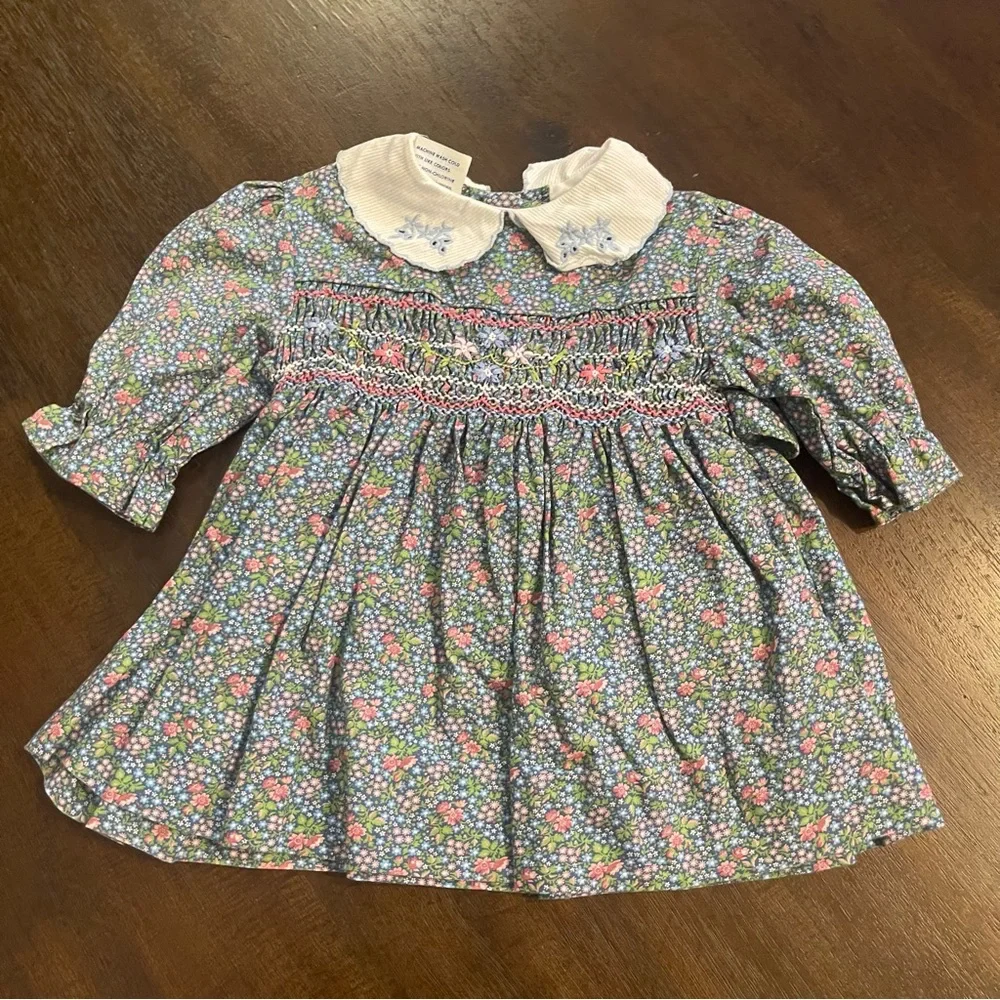 Vintage size 12 months dress floral fabric with smocked front USA materials